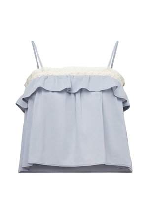 Hellblaues ärmelloses Oberteil mit dünnen Trägern, Spitzenbesatz entlang des Ausschnitts und einer Rüschenschicht über der Brust.