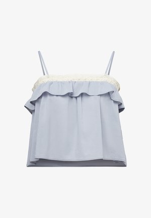 Hellblaues ärmelloses Oberteil mit dünnen Trägern, Spitzenbesatz entlang des Ausschnitts und einer Rüschenschicht über der Brust.