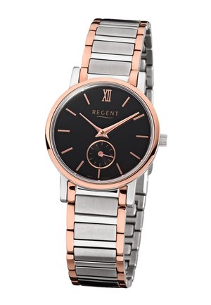 Herrenuhr mit schwarzem Zifferblatt, Armband aus Roségold und Silber, römischer Ziffer 12 und kleiner Sekundenanzeige bei 6 Uhr.