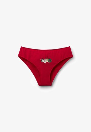 Roter Baumwoll-Bikini mit tiefem Schnitt, verziert mit einem gestickten Design von Weihnachtsornamenten und dem Text "HOLLY JOLLY".