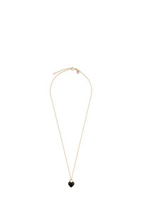 Złoty naszyjnik z łańcuszka z czarnym sercem wisiorem, o gładkiej powierzchni i delikatnym wzorze. Regulowana długość z zapięciem na zatrzask.