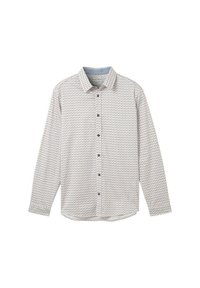 Langarm overhemden in lichte stof met een witte achtergrond en een meerkleurig patroon, een kraag en marineblauwe knopen.