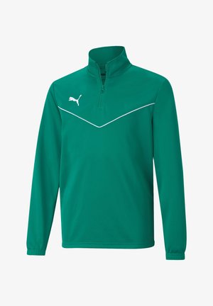 Grüner Quarter-Zip-Pullover aus leichtem Material, mit einem weißen Chevron-Design auf der Vorderseite und einem kleinen weißen Logo auf der Brust.