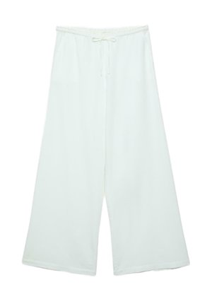 Bela hlače širokih nog z elastičnim pasom in sprednjo vrvico, izdelane iz lahkega blaga.