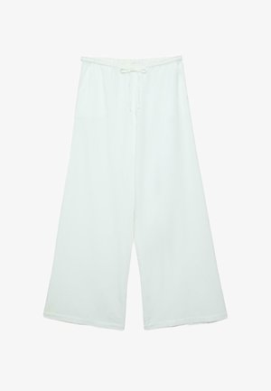 Bela hlače širokih nog z elastičnim pasom in sprednjo vrvico, izdelane iz lahkega blaga.