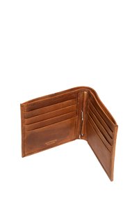 Bruine leren bifold portemonnee geopend, met meerdere kaartsleuven en een metalen geldclip aan de binnenkant.