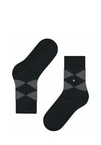 Calzini a righe nere e grigie con un design a diamante, texture a coste e un risvolto solido. Il materiale sembra lavorato a maglia e morbido.