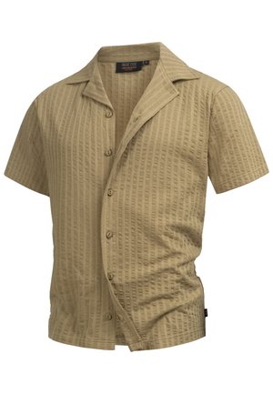 Short-sleeve shirt in textured khaki fabric, featuring a notched collar, button front, and vertical stripes. Lightweight and casual design.