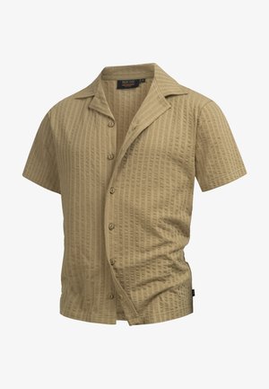 Krátky rukáv košele z textúrovanej khaki tkaniny, so zárezovým golierom, predným zapínaním na gombíky a vertikálnymi pruhmi. Ľahký a neformálny dizajn.
