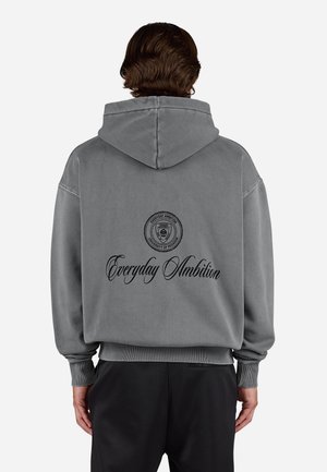Gray hoodie made of soft fabric, featuring a logo and "Everyday Ambition" text in black on the back. Oversized design with ribbed cuffs.