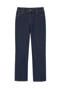 Jeans de mezclilla azul oscuro con un diseño de pierna recta, que cuentan con cinco bolsillos, un cierre de botón frontal y costuras en contraste de color naranja.
