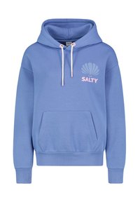 Helle blaue Kapuze mit einer vorderen Tasche, einer Kordelzugkapuze und einer Muschel-Grafik mit dem Wort "SALTY" in Pink. Aus weichem, strukturiertem Material gefertigt.