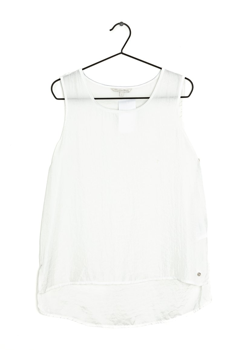 White sleeveless blouse with a round neckline, slightly longer back hem, and a small metal accent near the bottom right seam. Lightweight fabric.