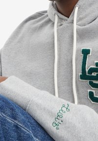 Sudadera gris con cordones blancos y un detalle de letra aplicadura verde. Presenta puños acanalados y muestra texto bordado en la manga.