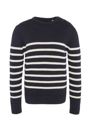 Marineblauer Pullover mit cremefarbenen horizontalen Streifen, geripptem Rundhalsausschnitt und Bündchen sowie dekorativen Knopfdetails an der Schulter. Strickstoffstruktur.