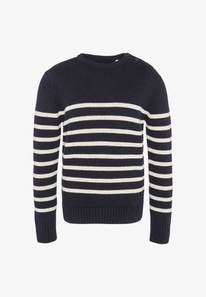 Pull bleu marine avec des rayures horizontales crème, col et poignets côtelés, et détail de boutons décoratifs à l'épaule. Texture en tricot.