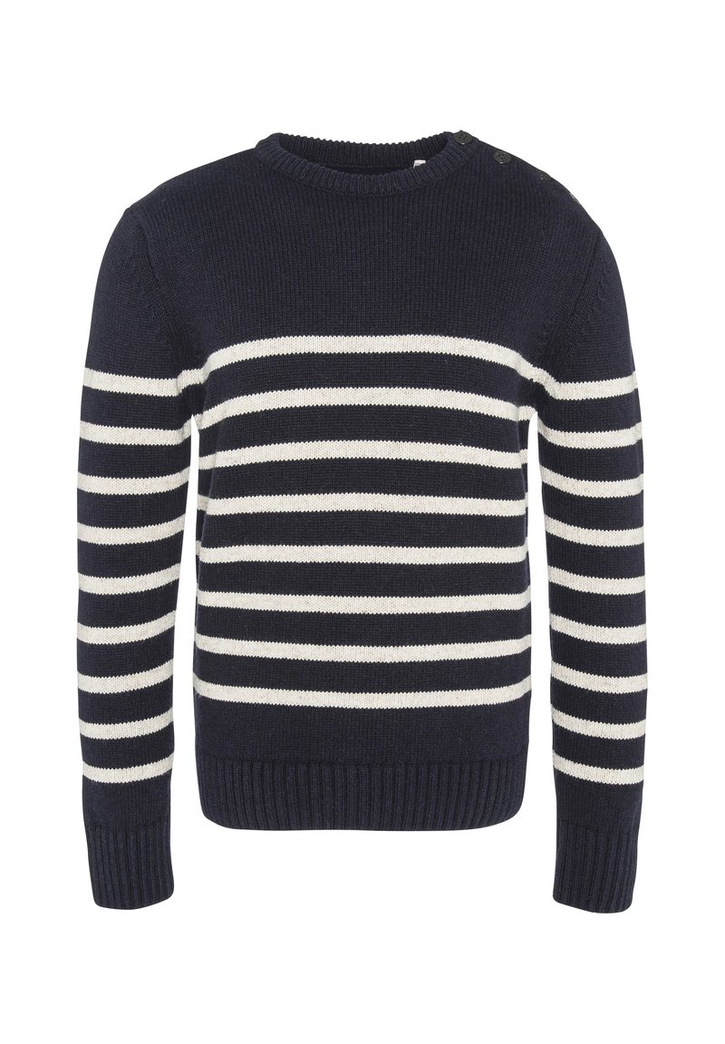 Pull bleu marine avec des rayures horizontales crème, col et poignets côtelés, et détail de boutons décoratifs à l'épaule. Texture en tricot.