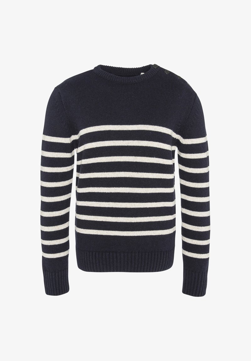 Pull bleu marine avec des rayures horizontales crème, col et poignets côtelés, et détail de boutons décoratifs à l'épaule. Texture en tricot.