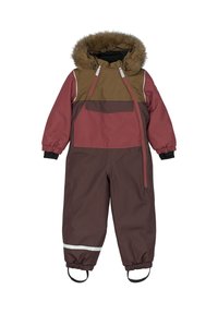 Gyerek bélelt hótalpas overall bordó és barna színekben, műszőrme kapucnival, fényvisszaverő részletekkel, elasztikus mandzsettákkal és elöl cipzárral.
