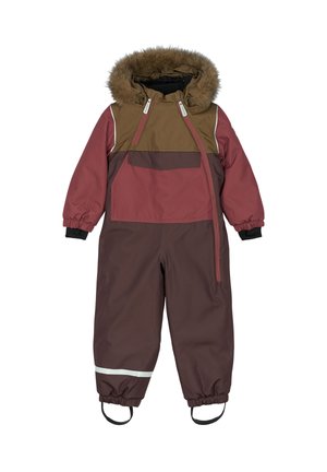 Børneforet flyverdragt i bordeaux og brun med en hætte i imiteret pels, reflekterende detaljer, elastiske manchetter og lynlås foran.