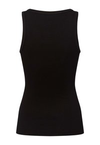Top senza maniche nero con una texture a costine, design aderente e scollatura rotonda. Bordo pulito e tessuto liscio ed elastico.