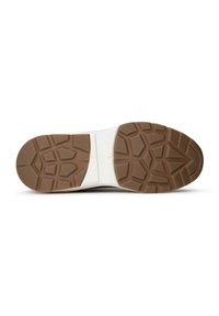 Rubber sole in brown with a textured, patterned tread design. White midsole transitions to a smooth gray upper with neutral tones.