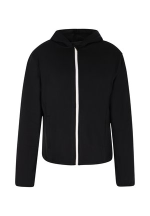 Zwarte zip-up hoodie met een witte ritssluiting, voorzien van een capuchon, lange mouwen en twee frontzakken. Glad stofoppervlak. Eenvoudig ontwerp.