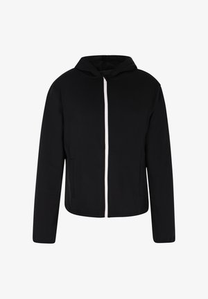 Hanorac negru cu fermoar alb, având capac, mâneci lungi și două buzunare frontale. Textură de țesătură netedă. Design simplu.
