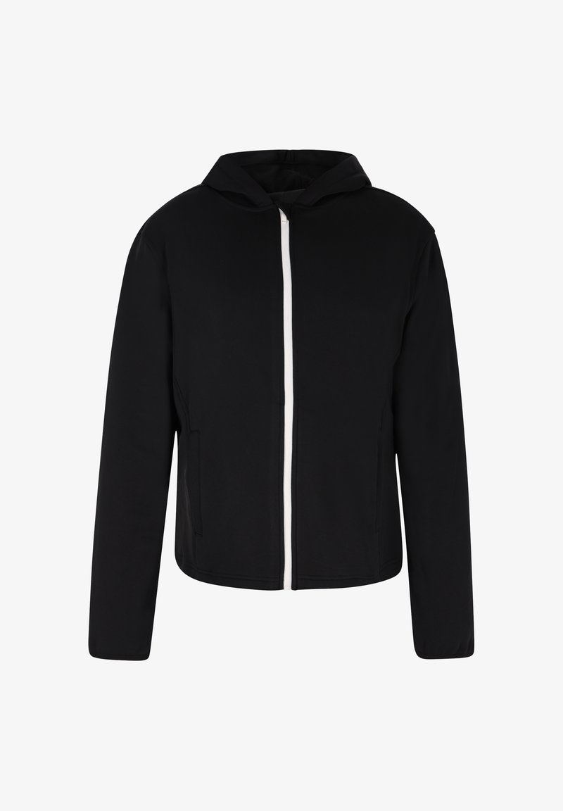 Sort zip-up hoodie med en hvid lynlås, der har hætte, lange ærmer og to forlommer. Glat stofstruktur. Simpelt design.