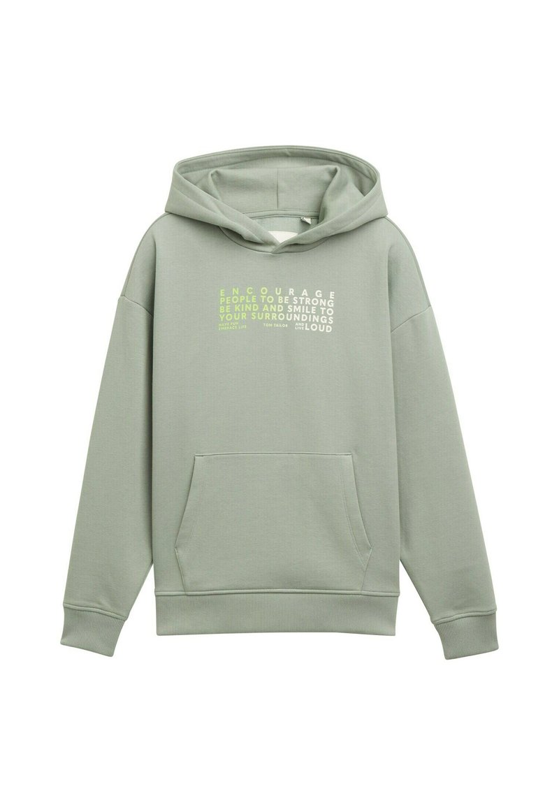 Sudadera verde claro con un bolsillo delantero, con texto en blanco y verde neón. Confeccionada con un tejido suave y liso, con un corte relajado y capucha ajustable.