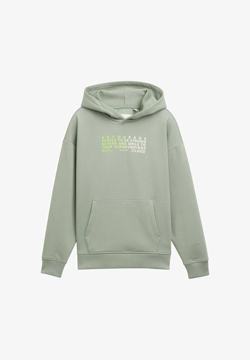 Sweat à capuche vert clair avec une poche avant, arborant un texte blanc et vert néon. Confectionné dans un tissu doux et lisse, avec une coupe décontractée et une capuche ajustable.