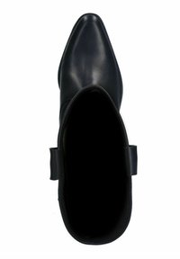 Botte de cheville en cuir noir avec un bout pointu, texture lisse et un détail de sangle sur le côté. Vue intérieure mettant en avant l'ouverture de la tige.