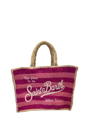 Borsa a rete rosa con manici in fibra naturale, caratterizzata da strisce orizzontali e testo bianco con la scritta "Saint Barth" e "Summer Paradise".