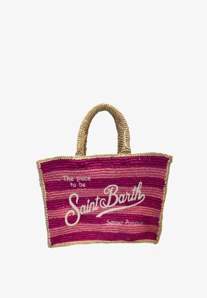 Borsa a rete rosa con manici in fibra naturale, caratterizzata da strisce orizzontali e testo bianco con la scritta "Saint Barth" e "Summer Paradise".