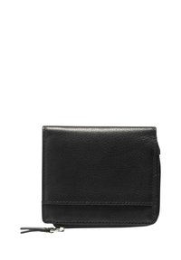 Portafoglio in pelle nera con finitura testurizzata, forma rettangolare e una tasca con zip. Presenta un design semplice con cuciture minime.