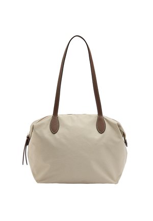 Beżowa torba na ramię z dwoma długimi brązowymi skórzanymi uchwytami i zamkiem błyskawicznym.