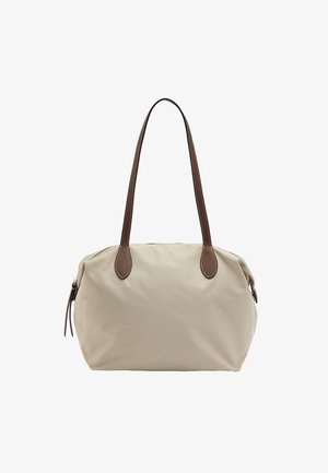 Beżowa torba na ramię z dwoma długimi brązowymi skórzanymi uchwytami i zamkiem błyskawicznym.