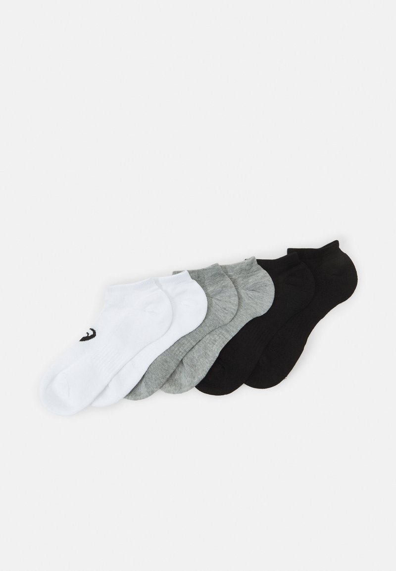 Five pairs of ankle socks: white, light gray, dark gray, and black. Made of a cotton blend, smooth texture, with a logo on the white sock.