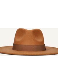 Bruine vilten hoed met brede rand en een glad oppervlak, voorzien van een bijpassende stoffen band rond de basis. Holle bovenkant met lichte deukjes.