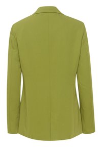 Vista trasera de un blazer de un solo botón en color verde oliva con mangas largas y cuello de muesca, hecho de una tela lisa.