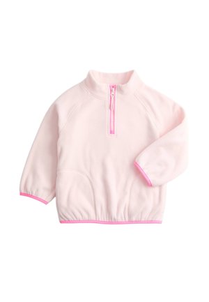 Jasnoróżowy polar z przekładanym kołnierzem na zamek do ćwiartki, długimi rękawami, elastycznym dołem i mankietami oraz jaskrawo różowymi wykończeniami na zamku i brzegach.