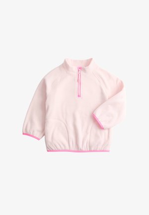 Lichtroze fleece pullover met kwartrits, lange mouwen, elastische zoom en manchetten, en felroze accenten op de ritssluiting en randen.