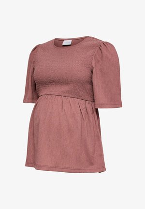 Mauvinės spalvos tekstūruotas nėščiųjų palaidinė su trumpomis pūstomis rankovėmis, aptemptu siūtu liemeniu ir suklostyta medžiaga po krūtine.