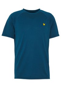 Mörk teal kortärmad t-shirt i strukturerad tyg, med rund hals och en liten gul logotyp på vänster bröst.