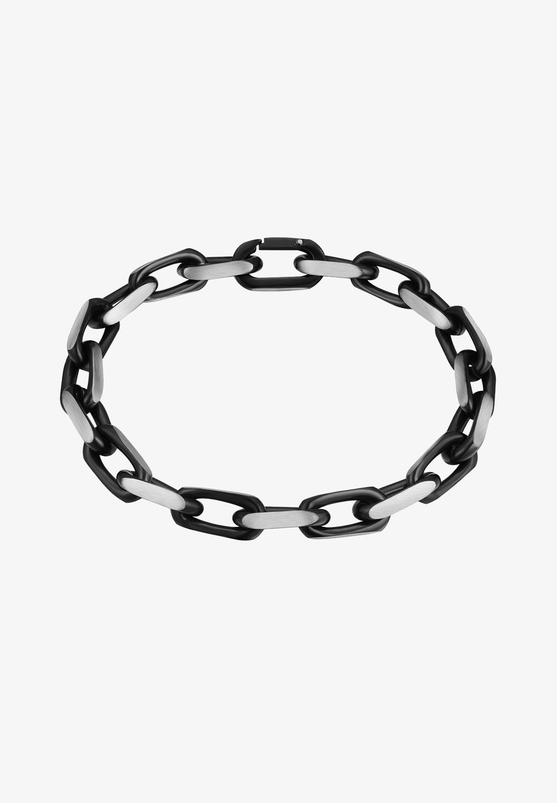 Metallist ketikett, kus vahelduvad mustad ja hõbedased lingid. Kujundus sisaldab piklikke ristkülikukujulisi vorme, mille pind on sile.