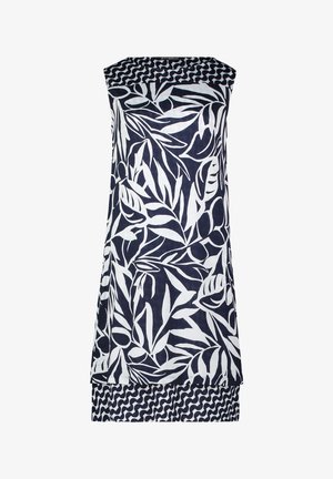 Granatowa sukienka bez rękawów z białym wzorem liści, z fakturowanym topem i falistym wykończeniem dołu, wykonana z lekkiego materiału.