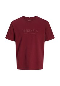 T-shirt bourgogne à manches courtes en coton, avec un col rond et le texte "ORIGINALS JACK & JONES" imprimé dans une teinte plus claire.
