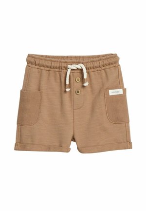 Brune småbørns shorts med elastisk linning, hvid snor, to knapper foran, sidelommer og et lille mærke på højre lomme.