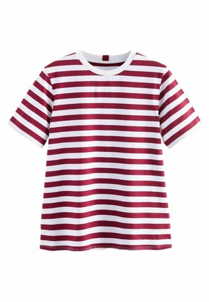T-shirt en coton rouge et blanc à rayures avec un col rond et des manches courtes, présentant des rayures horizontales régulièrement espacées.