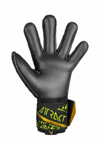 Schwarzer Torwarthandschuh mit fünf Fingern, texturierter Latexhandfläche und einem schwarzen Stoffriemen mit gelb-grünen Logoakzenten.